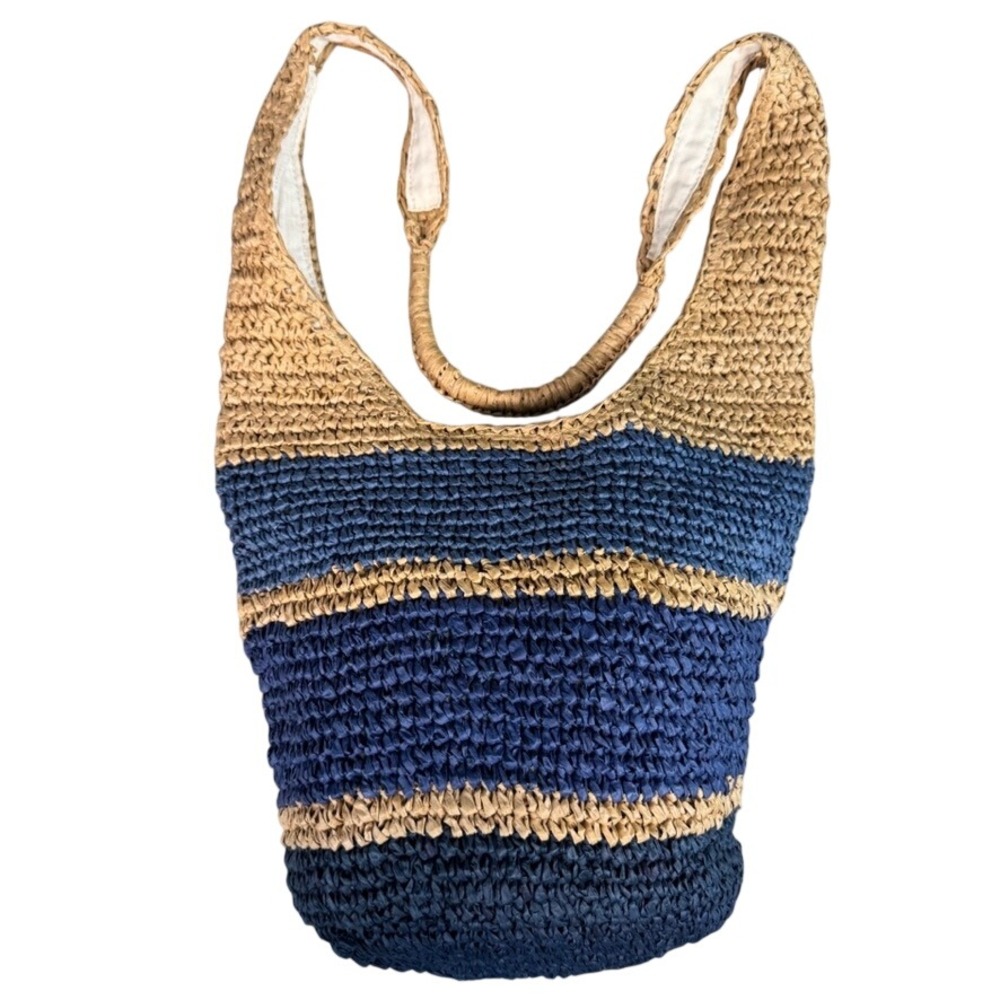 J. Jill Navy Blue Tan Striped Woven Straw Hobo Shoulder Bag RN 97641